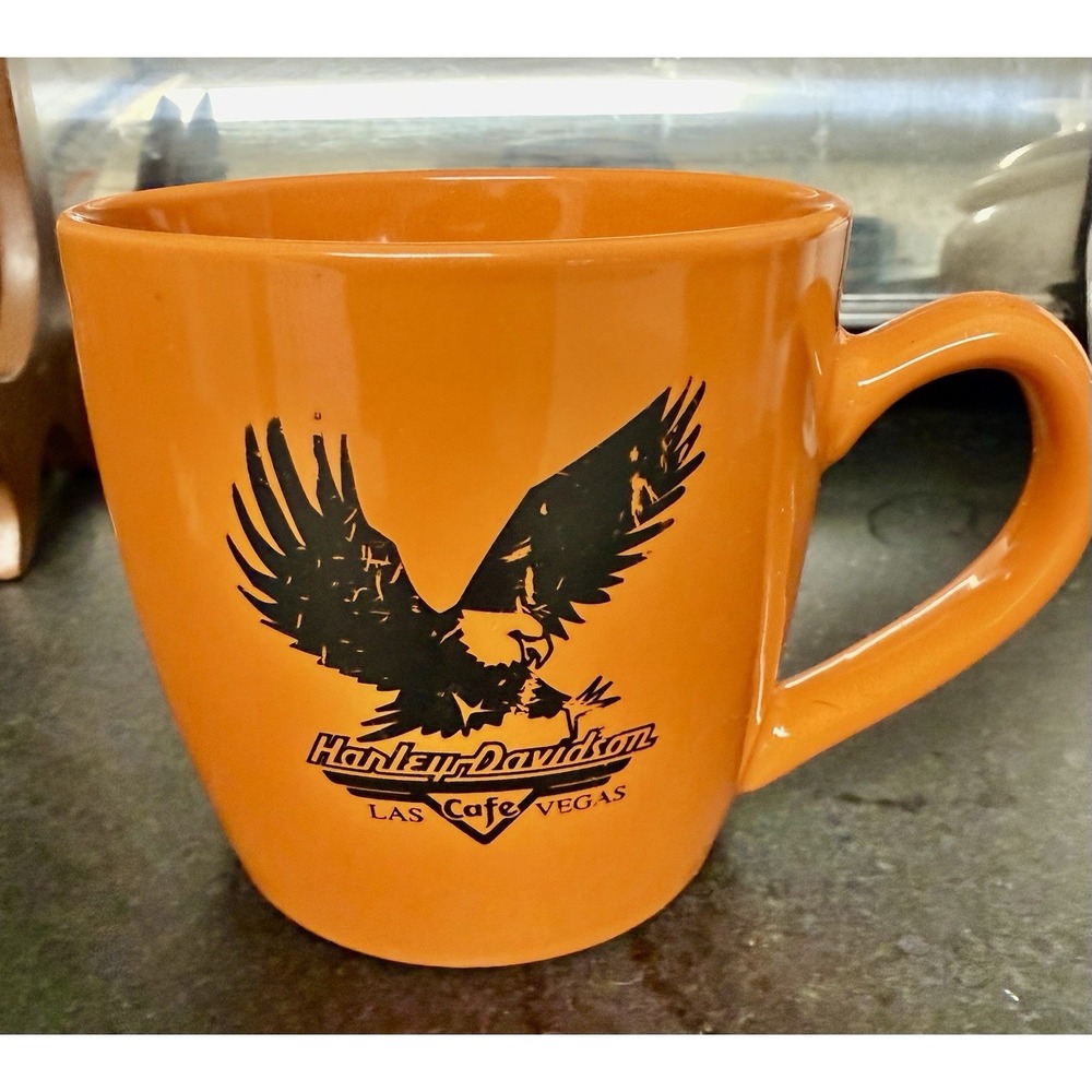 Harley Davidson Las Vegas Cafe Orange Coffee Mug with Eagle Logo 3.75"H Used